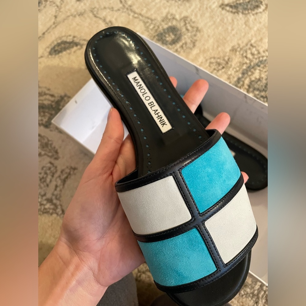 Manolo Blahnik Megacle Two Tone Blue Suede Sandal New in Box Size 37.5 / US 7